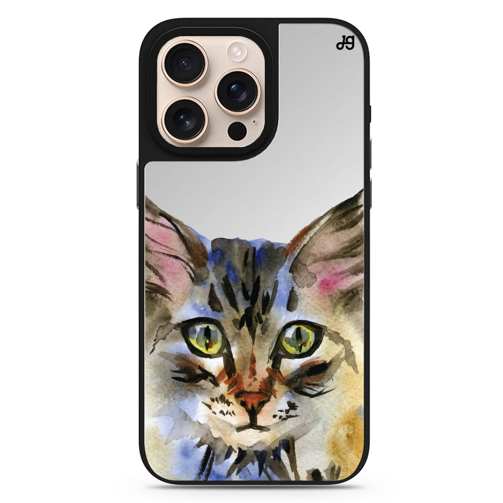Reflective iPhone 16 Pro Mirror Case – Watercolour Cat Design