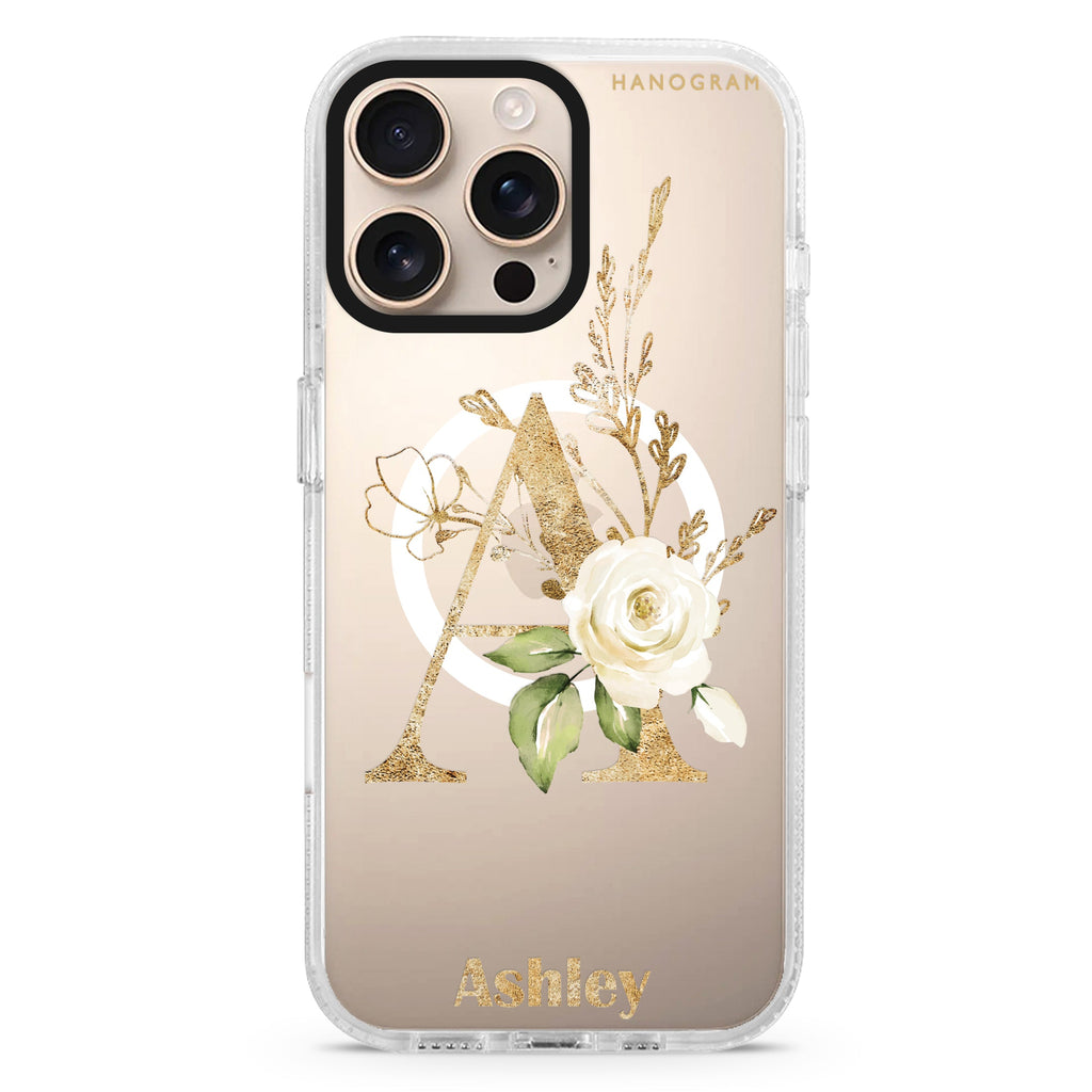 Golden Floral Monogram iPhone 15 Pro Max MagSafe Compatible Ultra Clear Case