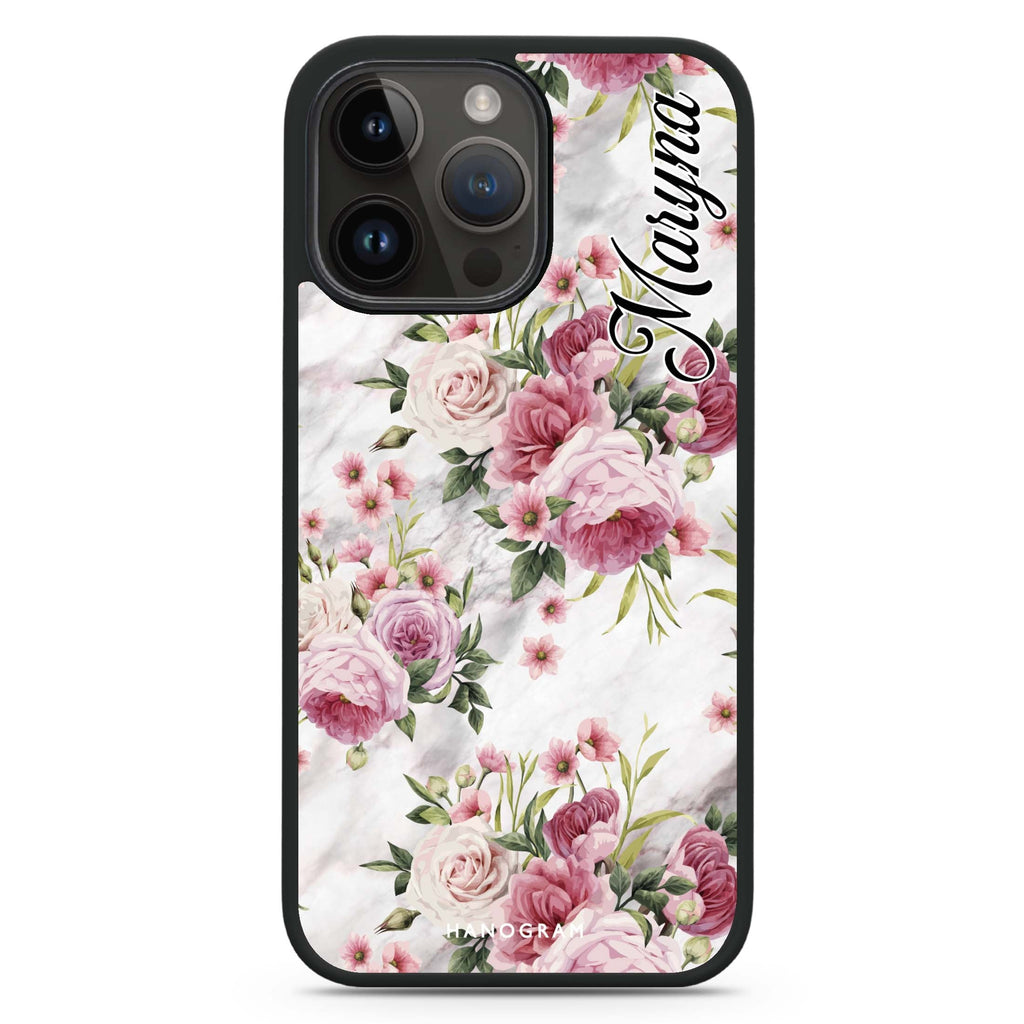 Marble and Pink Floral iPhone 15 Pro Max Impact Guard Bumper Case