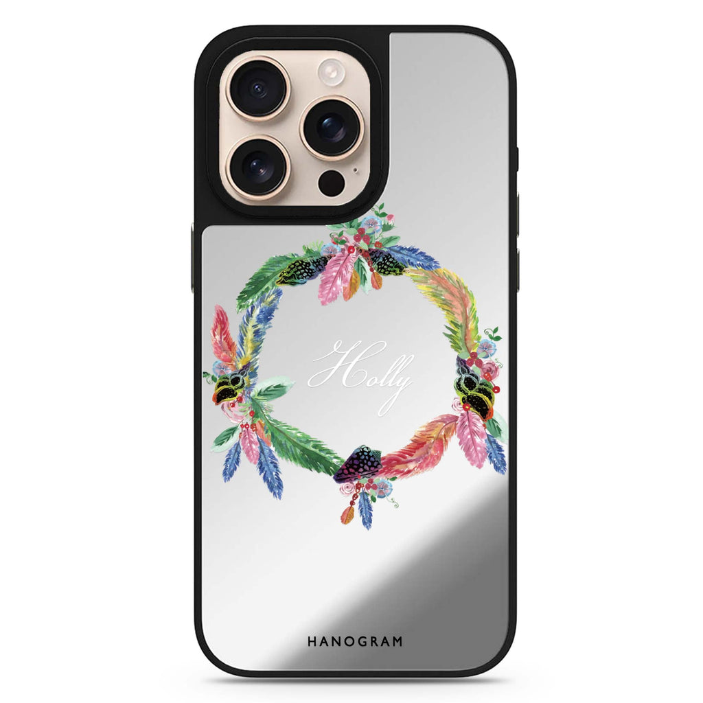 Reflective iPhone 16 Pro Mirror Case – Watercolour Feather Design
