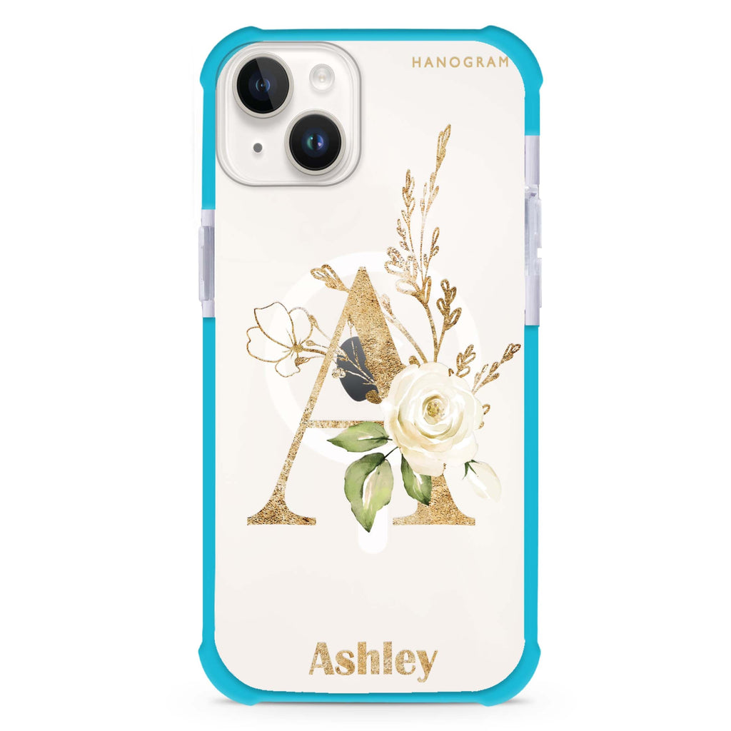 Golden Floral Monogram iPhone 15 Plus MagSafe Compatible Ultra Shockproof Case