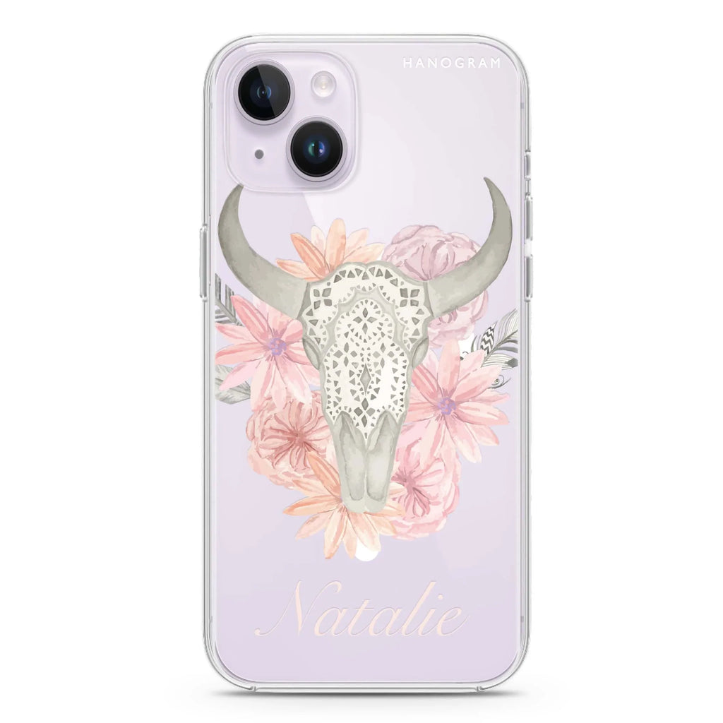 Skull Bull & Watercolor Flowers iPhone 12 MagSafe Compatible Ultra Clear Case