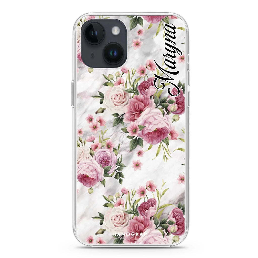 Marble and Pink Floral iPhone 13 MagSafe Compatible Ultra Clear Case