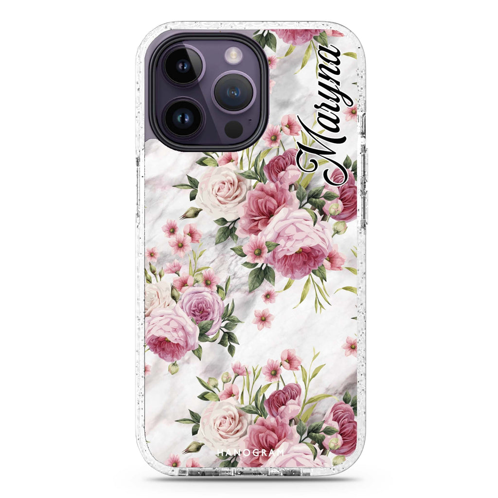 Marble and Pink Floral iPhone 14 Pro Max MagSafe Compatible Durashock Case